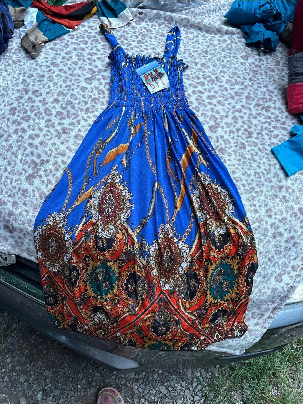 NWT Summer Midi Dress Blue Boho Paisley with Gold Chain Print XS-Large